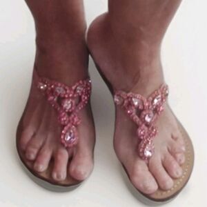 Mystique Womens Sandals Sz8 Brilliant Pink Crystal Jewel Tan Leather Thong Slide